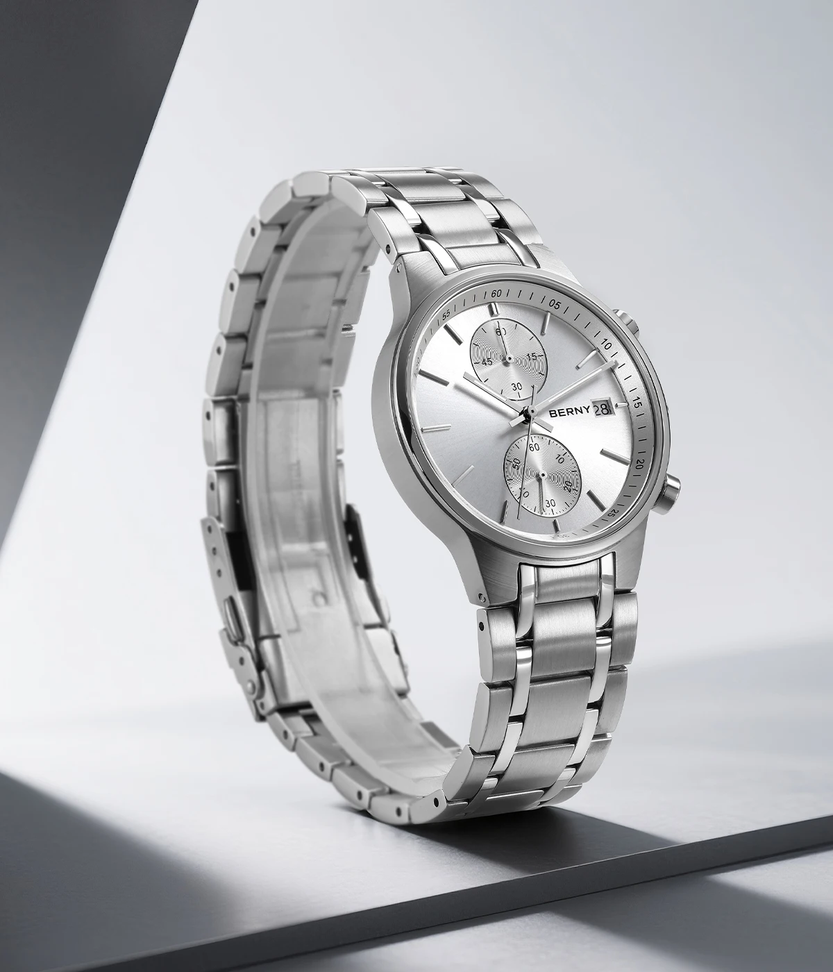 BERNY Chronographenuhren für Herren, modische Multifunktions-Quarzuhr, leuchtendes Datum, komplett aus Edelstahl, Sport-Armbanduhr – Detail 1