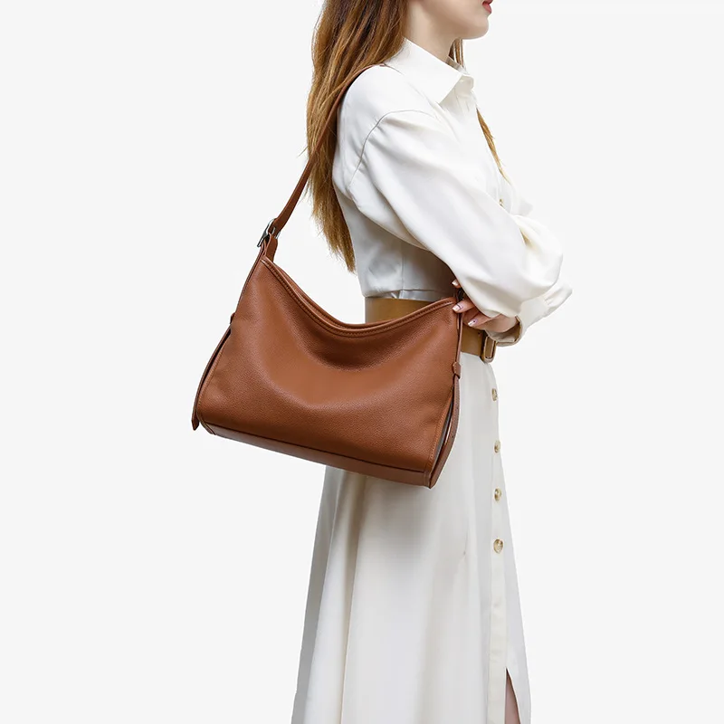 Casual Genuine Leather Tote Bag for Women Large Capacity Single Shoulder Handbag Pure Color Soft Cowhide Tote Handbag