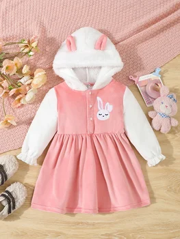 Cute And Sweet Dress For Baby Girls In Autumn And Winter Pink Hooded Rabbit Soft And Warm Plush Dress
