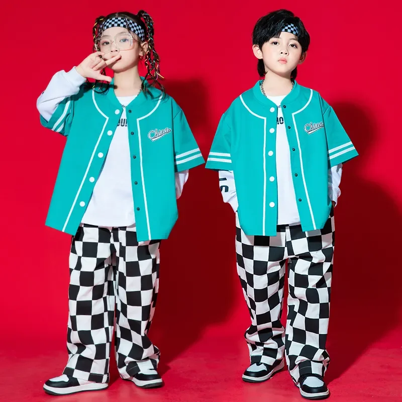 

Уличная одежда для девочек и мальчиков, танцевальная одежда, костюмы, одежда для детей, наряды для сцены для подростков, одежда в стиле хип-хоп, синяя рубашка, клетчатые брюки