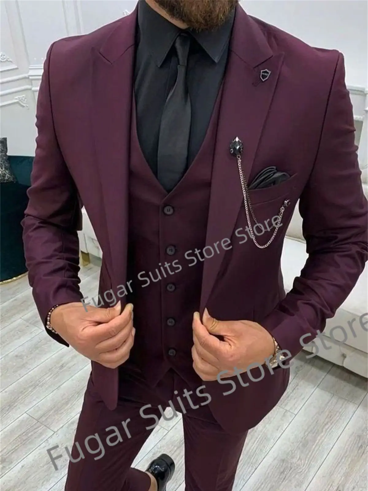 

Luxuly Fashion Purple Wedding Men Suits Slim Fit Peak Lapel Groom Formal Tuxedos3Pieces Sets Bussiness Male Blazer Costume Homme