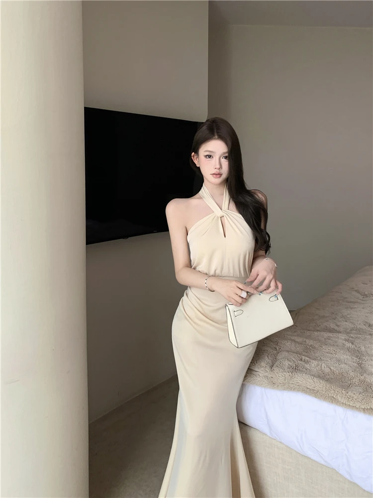 Sexy Bodycon Satin Evening Party Dress Sleeveless Halter Slim Mermaid Summer New Midi Dresses for Women Prom Vestidos Mujer