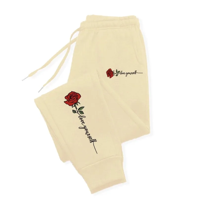 Hot Selling Casual Couple Pants Fashionable Rose Love Yourself Printed Hip-Hop Trousers with Drawstring Sweatpants S-3XL 5