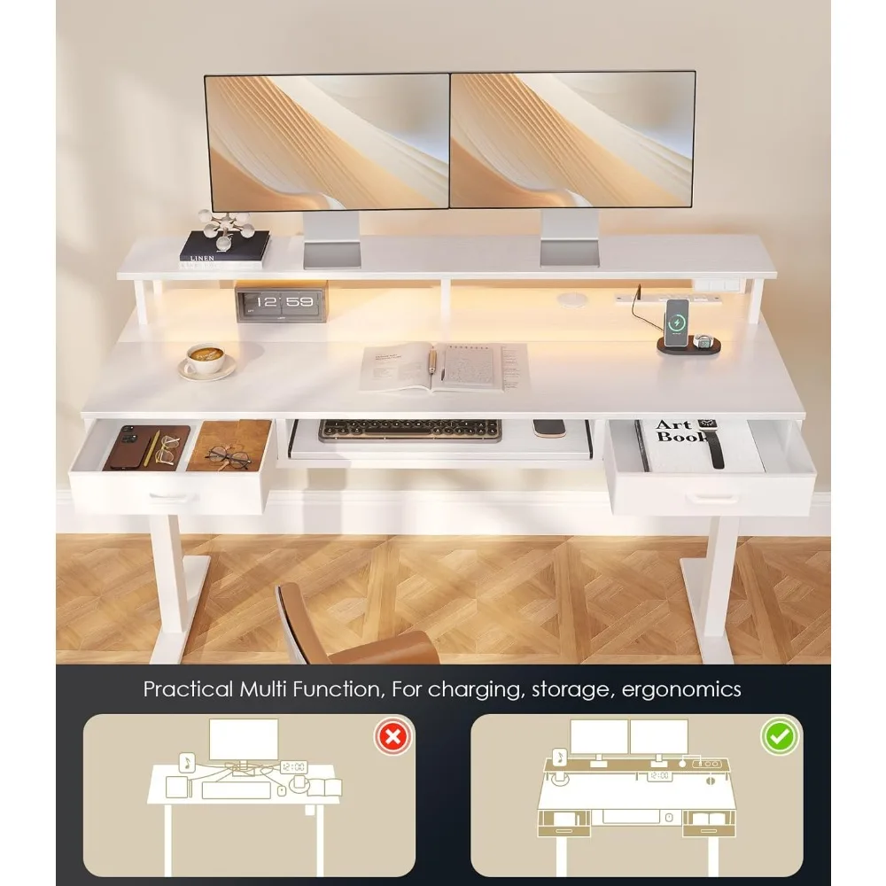 Electric Standing Desk with Drawers & Keyboard Tray, 55 Inch Height Adjustable Desk with Power Outlets & LED Lights, Sit Stand T 5