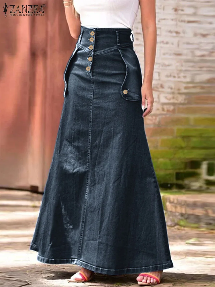 

ZANZEA Fashion Women Blue Denim Skirt Elegant High Waist Office Lady Long Skirt Female Clothing Autumn Faldas Saia Maxi Skirts