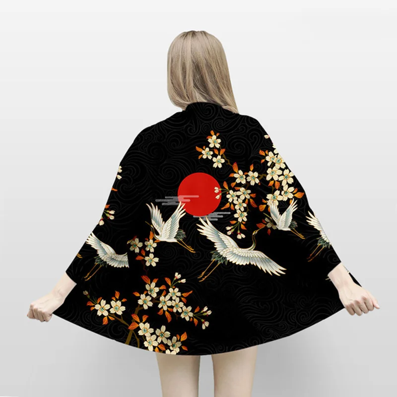 Large Size 5XL 6XL Japanese Kimono Cardigan Print Wave Crane Men Women Shirt Tradition Yukata Haori Obi Cosplay Costume