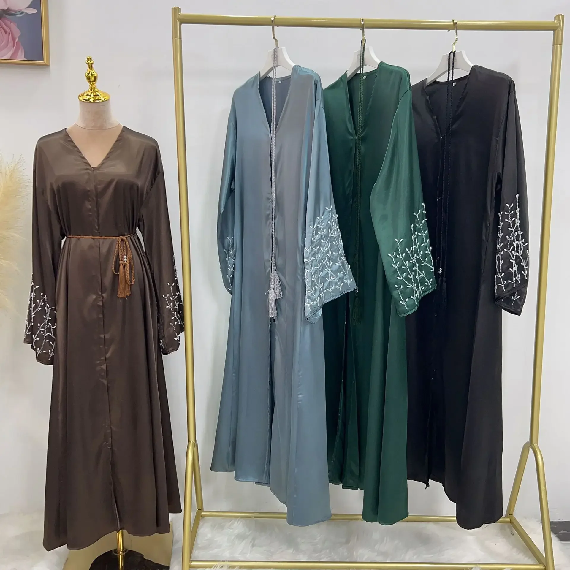 Summer Open Abaya Kimono Dubai Party Kaftan Solid Beaded Muslim Fashion Hijab Dress Abayas for Women Turkey Islam Modest Outfit images - 6