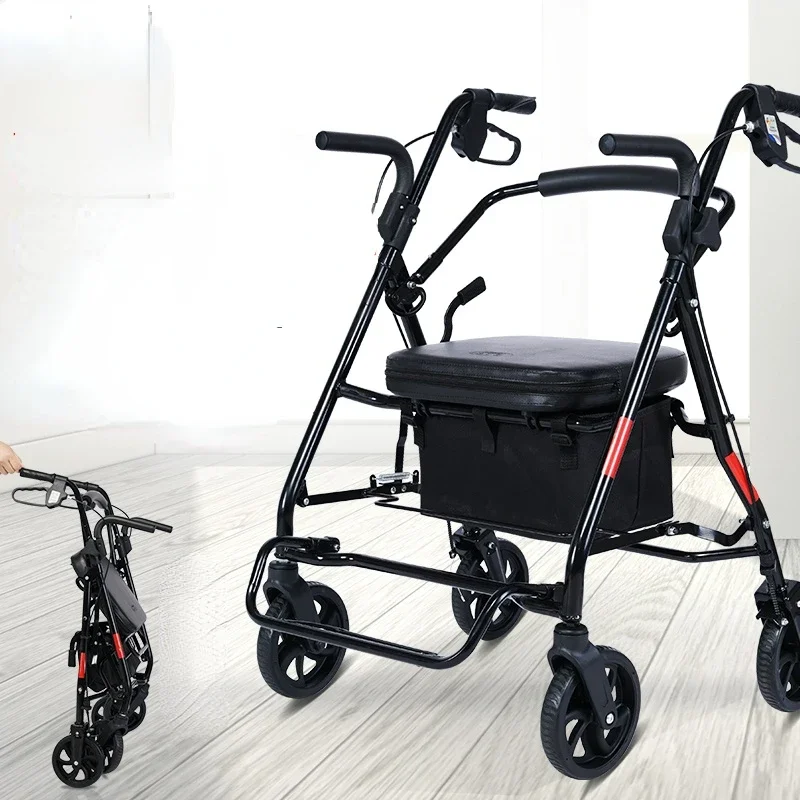 Armrest Folding Can Sit Walking Stick Chair Mobility Aids Portable Travel Elderly Trolley Shopping Four-wheeled Walking Cart 2