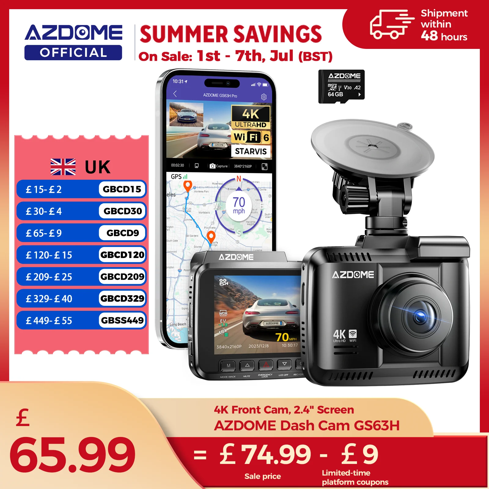 AZDOME Dash Cam GS63H 4K GPS intégré Wi-Fi Dash caméra de voiture avec Starvis 2.4 "écran WDR Vision nocturne voiture DVR moniteur de stationnement