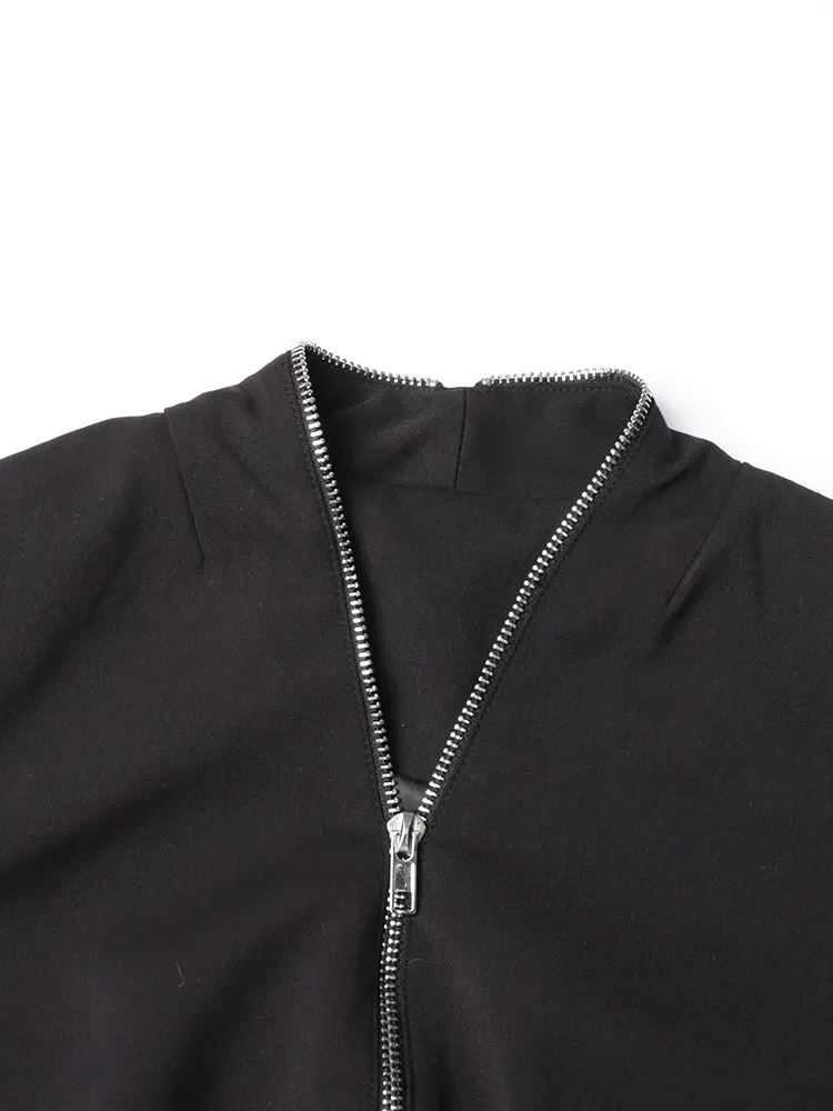 KBQ Spliced Zipper Chic Blazers For Women V Neck Long Sleeve Tunic Slimming Short High Street Blazer Female Fashion Clothing New