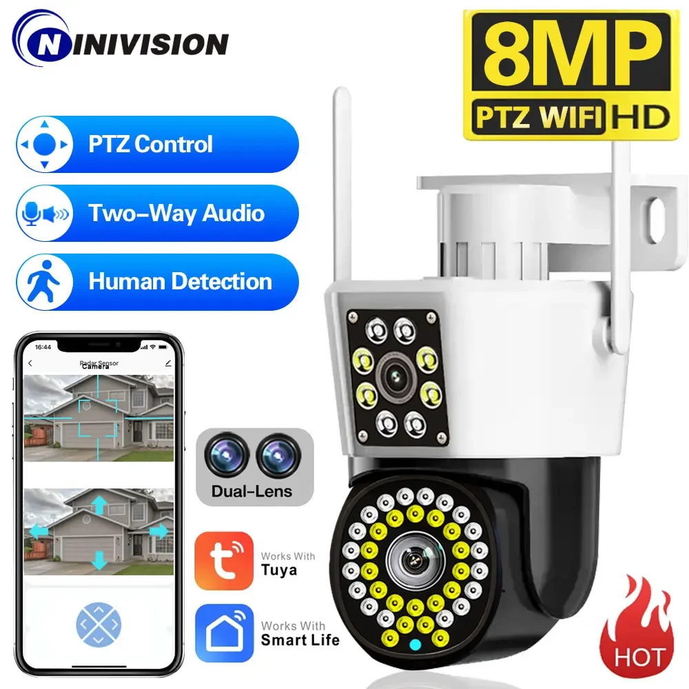 New 8MP 4K Dual Lens 360º Wifi Camera IP66 Security Protection Wireless Outdoor Auto Tracking Tuya Smart Video Surveillance PTZ