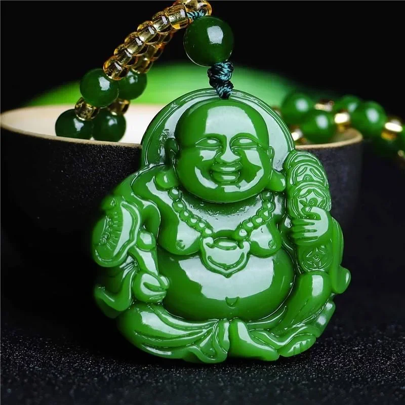 Chinesische Grüne Jade Maitreya Buddha Anhänger Halskette Charme Jadeit Schmuck Geschnitzt Amulett Mode Zubehör Geschenke für Frauen Männer