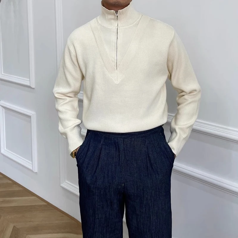 

Patchwork Zipper Turtleneck Sweater Men Fashion Slim Long Sleeve Pure Color Knitting Bottoming Tops Autumn Mens Vintage Knitwear