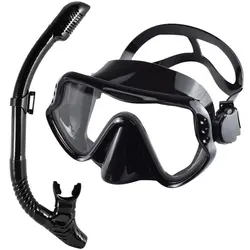 Adult Panoramic Snorkeling Gear Set with Tempered Glass Dive Mask and Dry Snorkel (AllBlack)