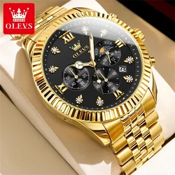 Luxurious Gold Stainless Steel Men's Watch with Moon Phase and Date - 43mm Dial, Waterproof Quartz Design (Black)