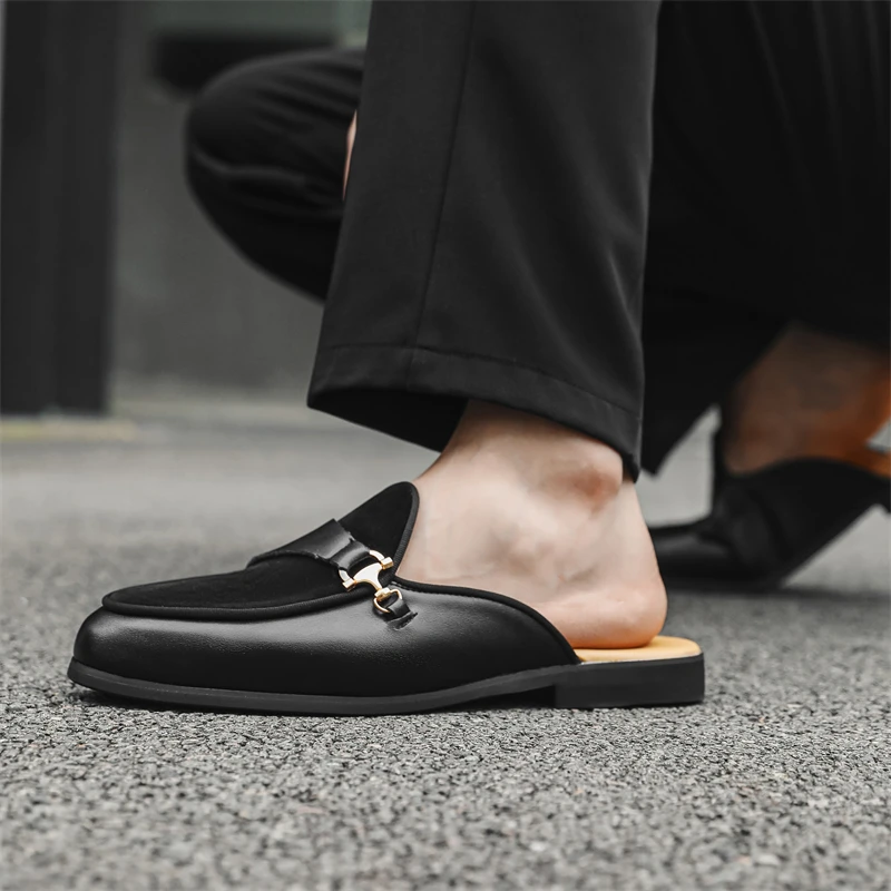 Hight Quality Summer New British Street Style Leather Mules For Men's Black White Hombre Daily Outdoor Dress Slippers Big Size
