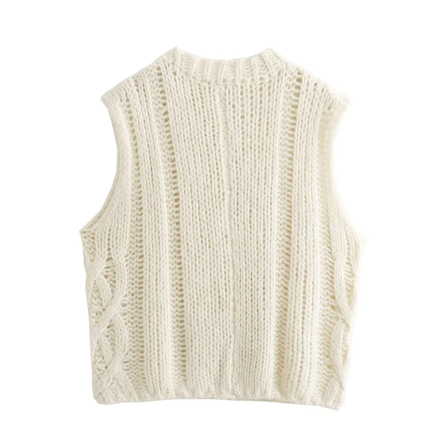 

Withered French Vintage Beige Color Knitted Jacquard Tank Sweater Fashion Elegant Sweaters Women Tops