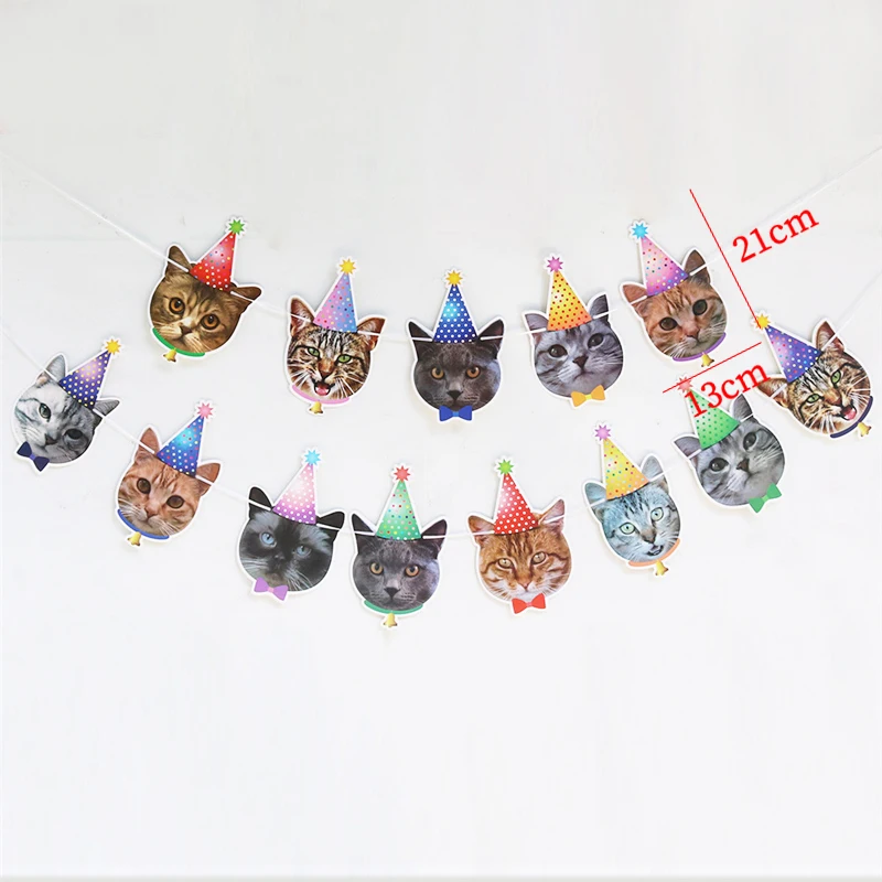 13 Flags Cat Dog Paper Banner Pet Happy Birthday Bunting Garland Decoration Cartoon Animal Dog Cat Theme Birthday Party Banner
