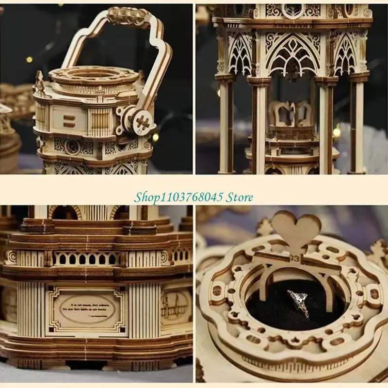 R53F DIY 나무 3D 조립 뮤직 박스 퍼즐 조립 퍼즐 게임 장난감 아이 성인 모델 건설 나무 어린이 선물