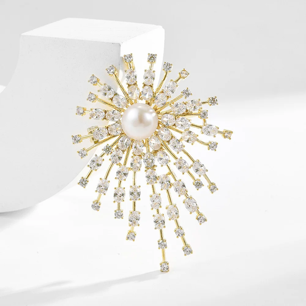 Korean Luxury Full of Rhinestone Sun flower Brooches For Women Big Pearl Brooch Pins Jewelry Accessories For Clothing Suit