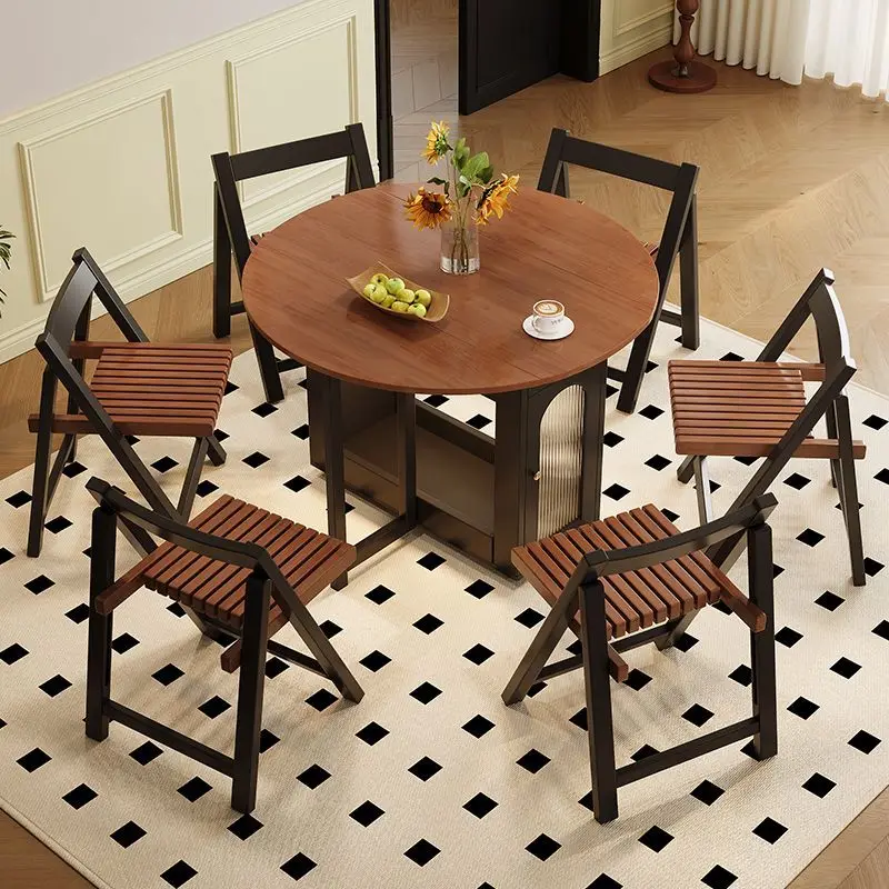 Round Solid Wood Foldable Dining Table French Style Small Space Friendly Home Use Multi-Functional Movable Extendable