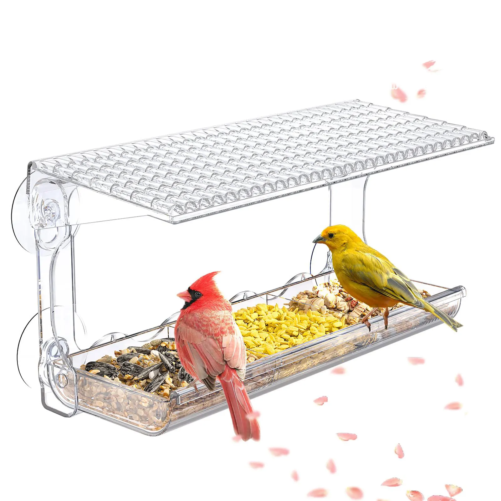 Bird Feeder Window Viewing Bird Feeder with 3 Section Tray and Roof Cover Outdoor Suction Cup Hanger Clear Plastic