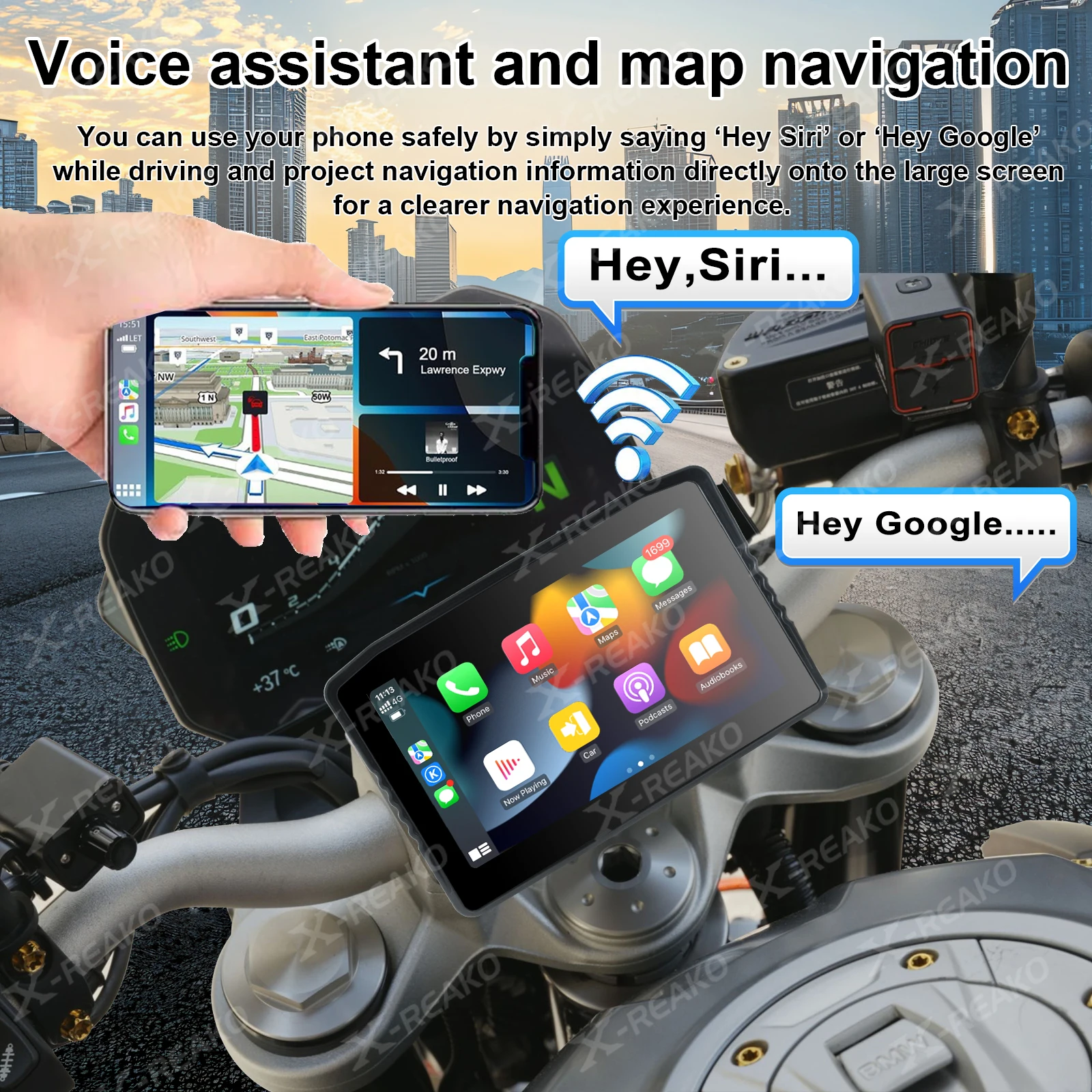 X-REAKO 6.25-inch MP5 Motorcycle Portable PND Voice Assistant GPS Bluetooth HD Touch Screen TPMS DVR Android Auto&Carplay