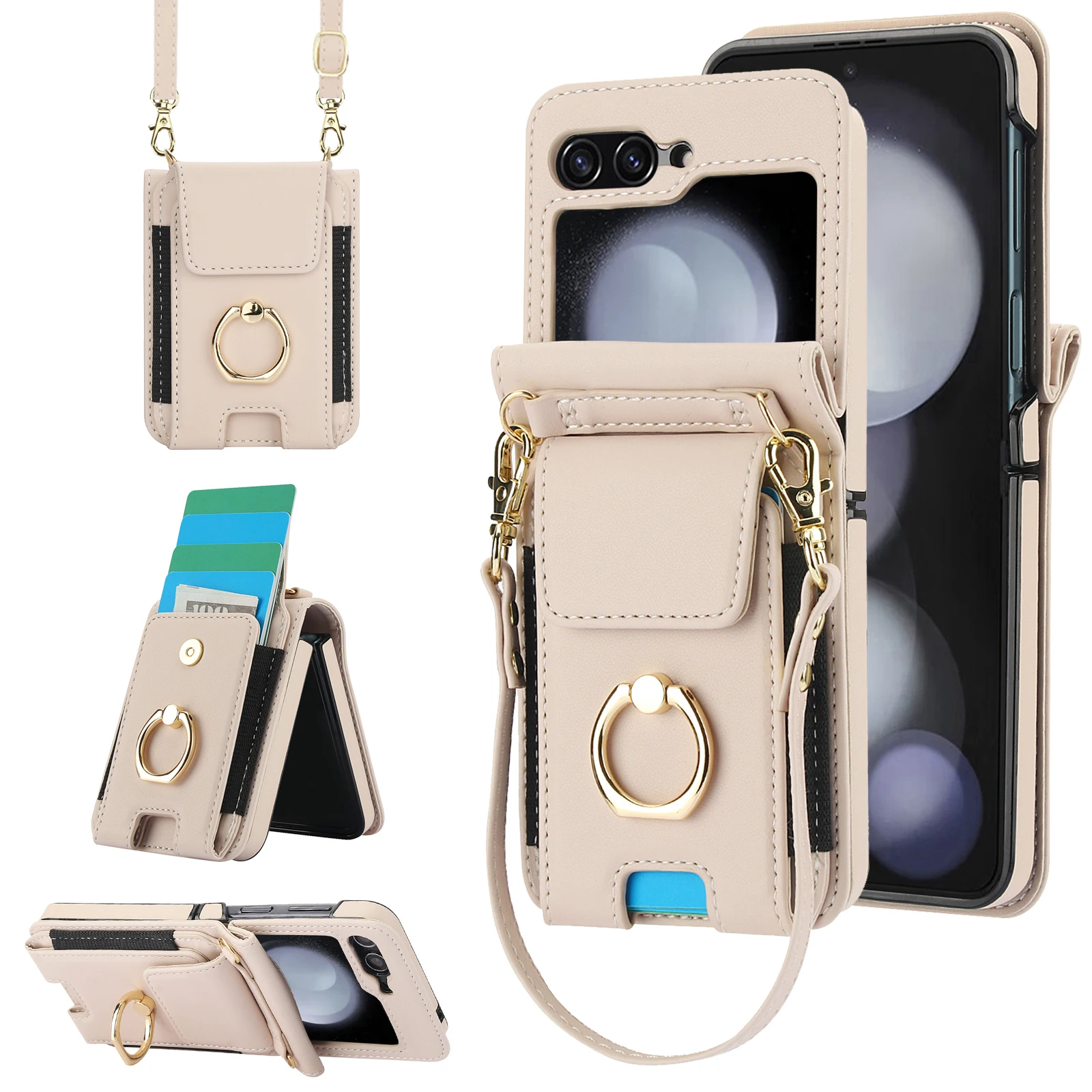 Elastična kožna futrola za prstenje s karticama za Samsung Galaxy Z Flip 6 5 4 3 5G Flip6 Flip5, vertikalna torba s vrpcom_voghion.com