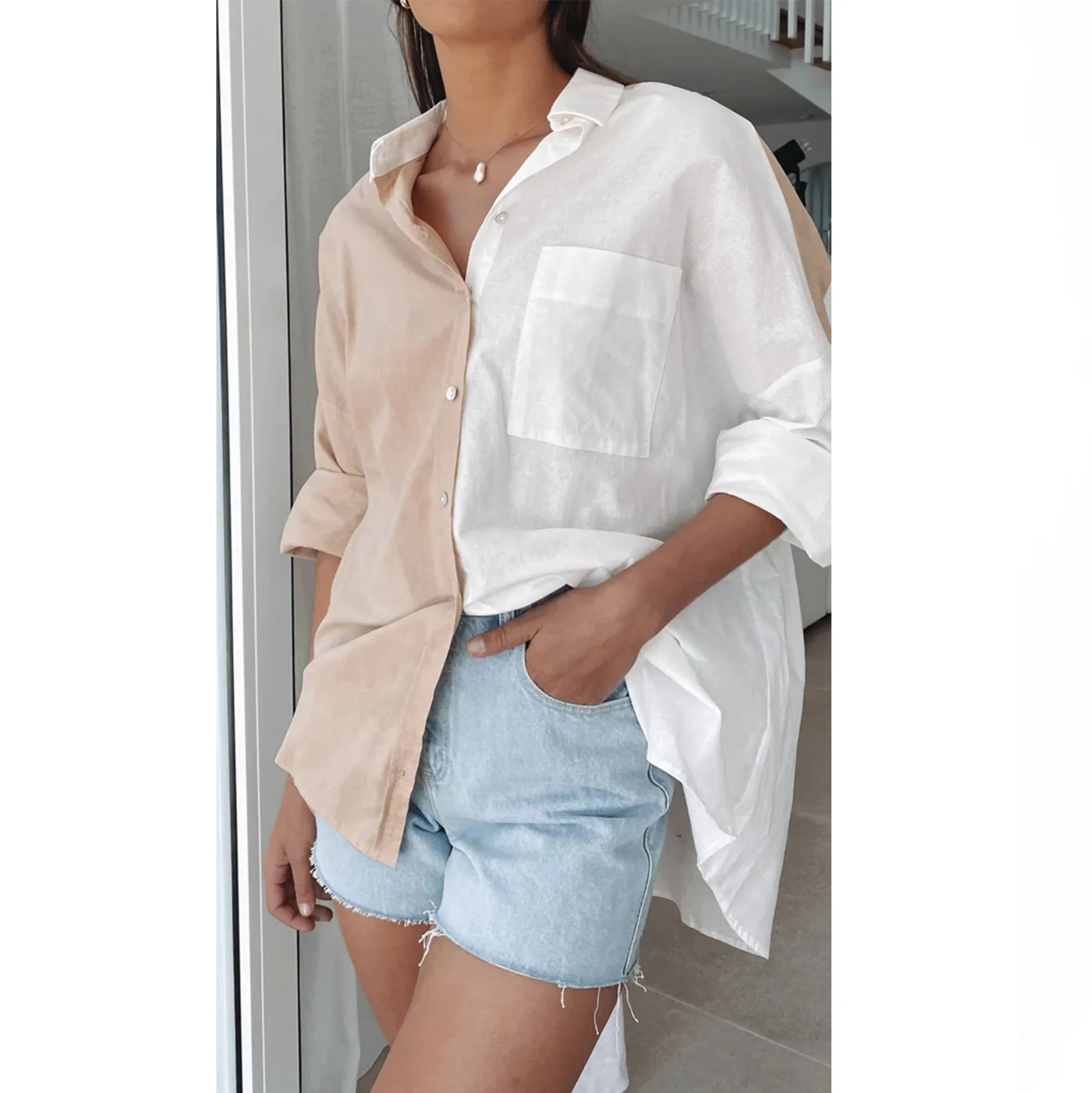

Women's Clothing 2023 Spring and Summer New Tops Loose Casual Splicing Contrast Color Drop Shoulders Long-sleeved Shirt Women