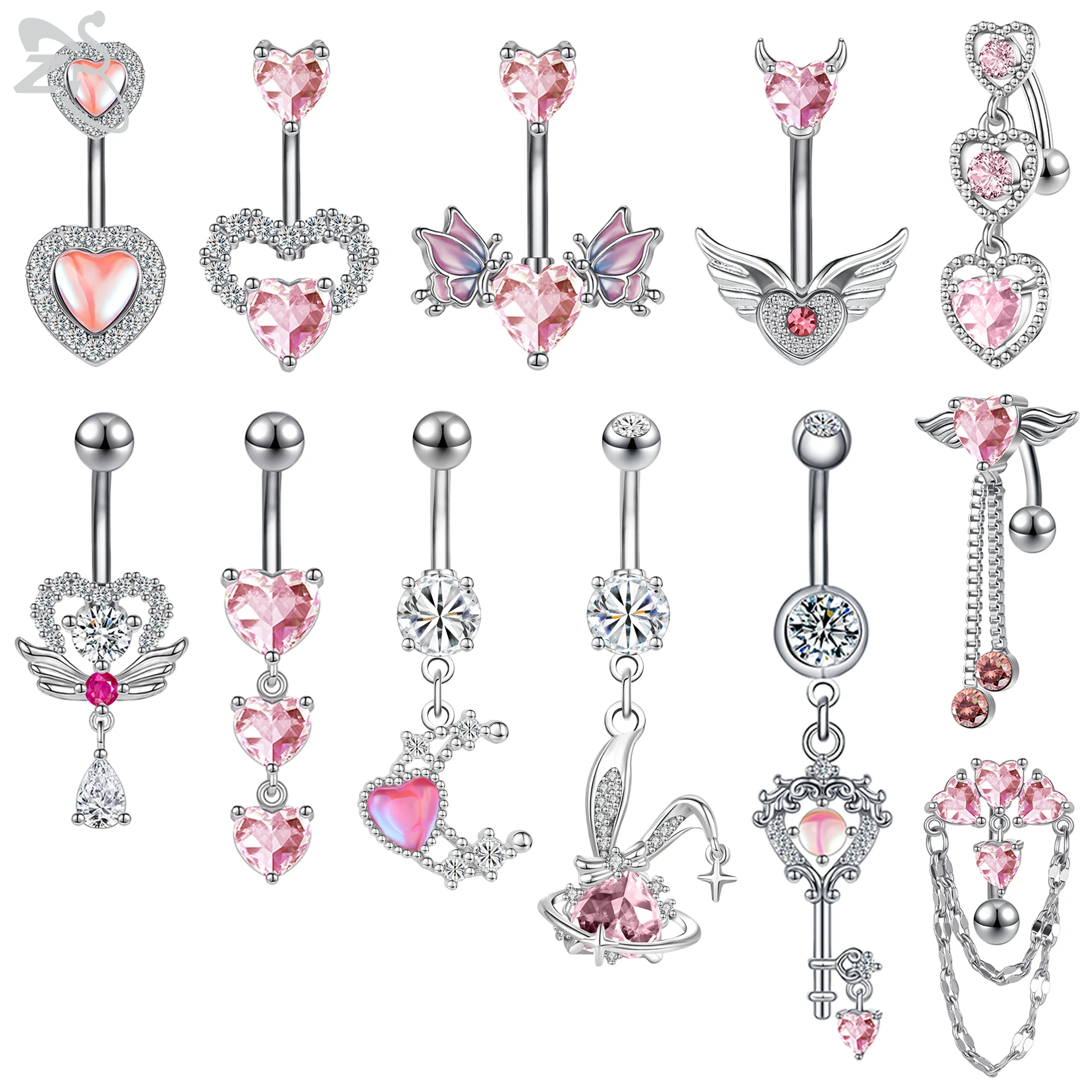 ZS 1 Piece Pink CZ Crystal Pendant Belly Button Rings Cute Heart Butterfly Flower Stainless Steel Navel Piercings Body Jewelry