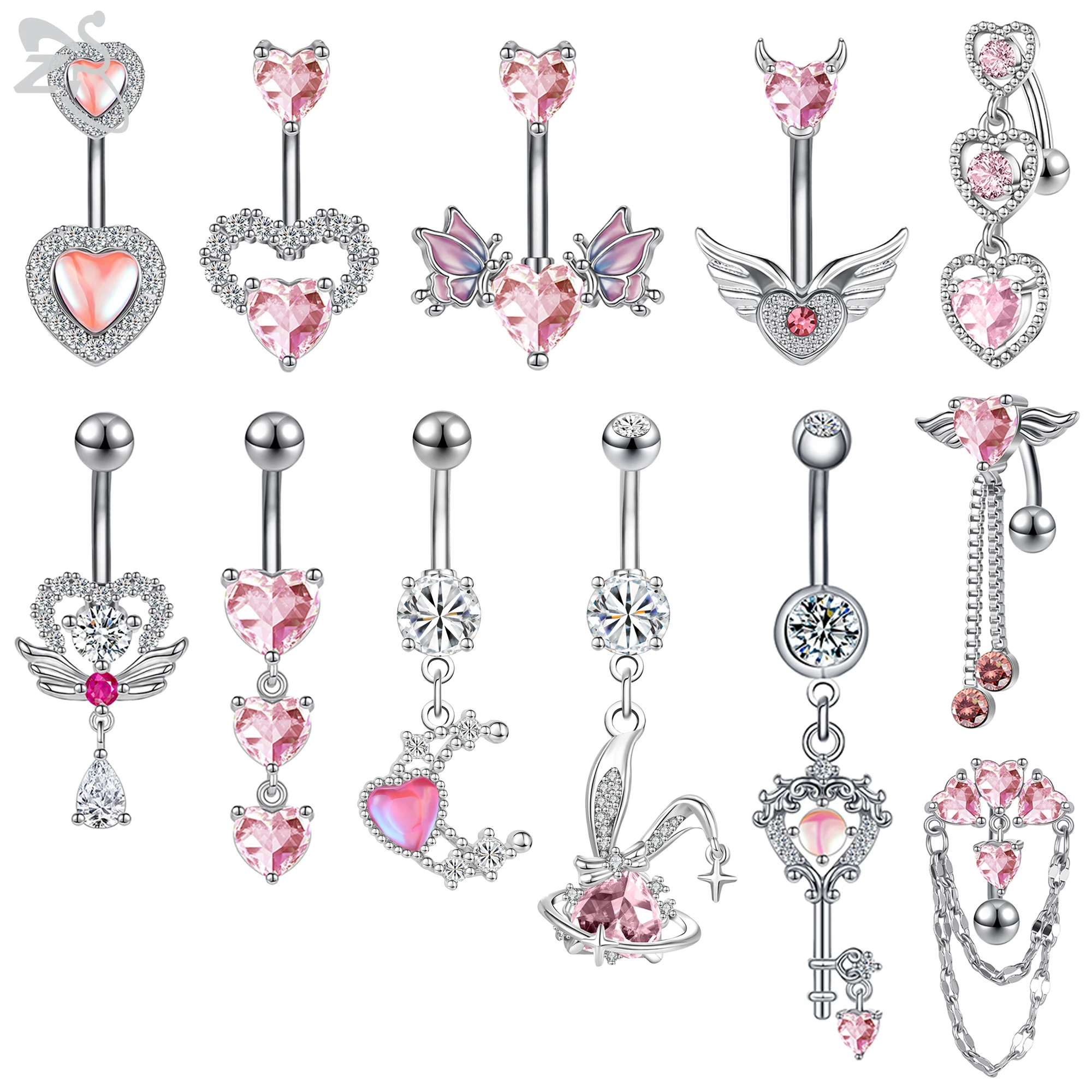 

ZS 1 Piece Pink CZ Crystal Pendant Belly Button Rings Cute Heart Butterfly Flower Stainless Steel Navel Piercings Body Jewelry