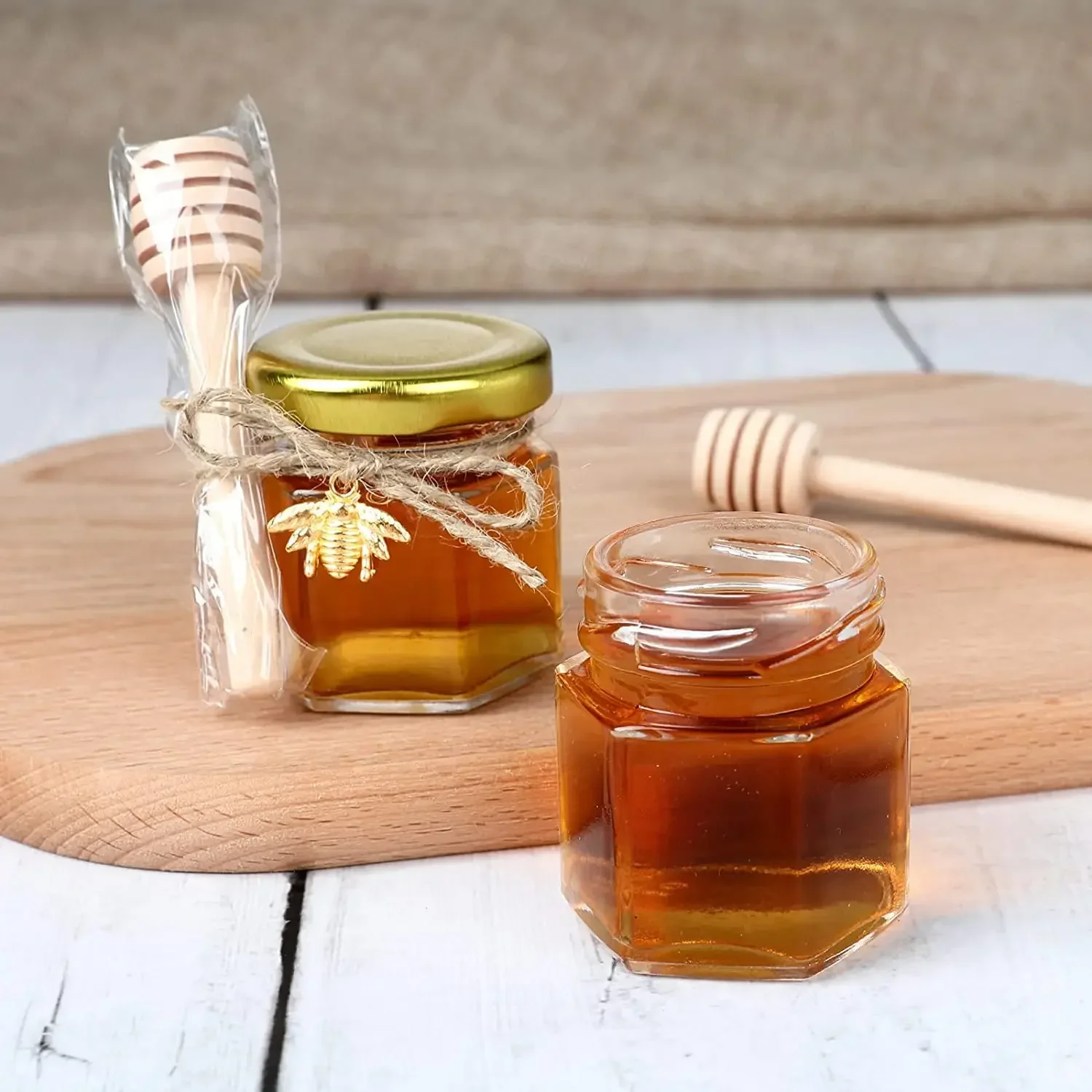 

With Bee Mini Glass Jutes Pendants Gold 20 Lids Pack- Perfect Showers Baby Pack For Hexagon Jars Wooden Dipper Honey