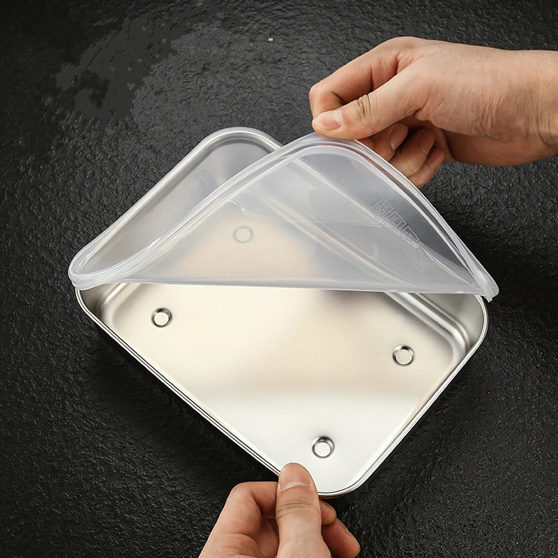304 Stainless Steel Food Storage Trays with Cover Refrigerator Crisper Fruit Sealed Pan Organizer Container Kitchen Plates 6