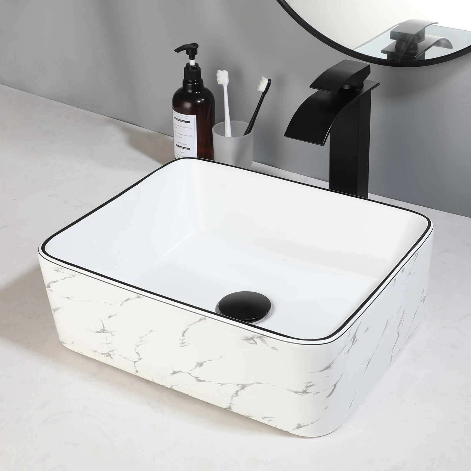 ZAPPO White Marbling Bathroom Sinks 16 inch Ceramic Vessel Sink Above Counter Bathroom Vessel Sink with Faucet and Drain Combo 2