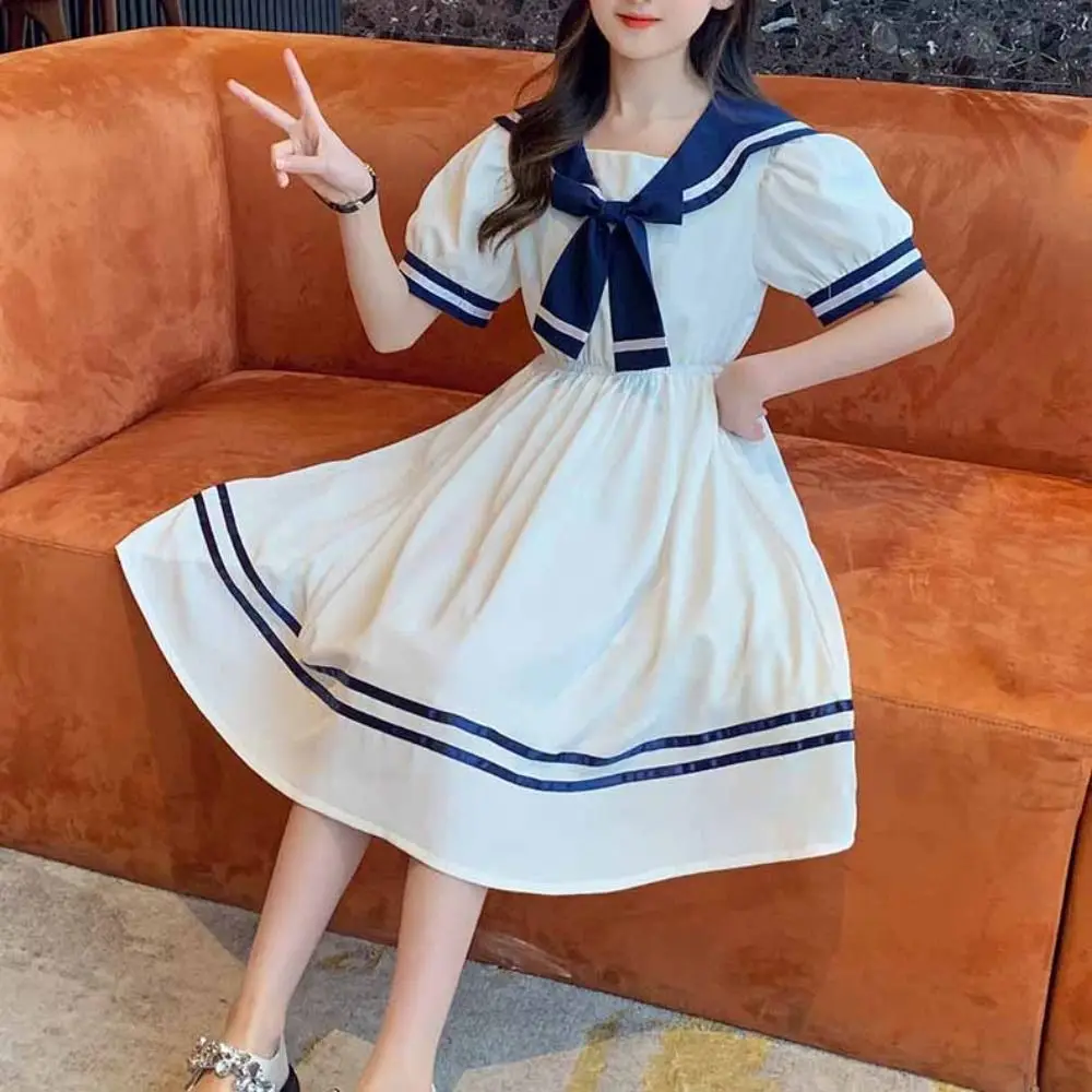 Elegant Bow Girls Preppy Style Dress Teenagers Party Summer Kids Dresses Beach Vacation Pleated Children Princess Dress Students