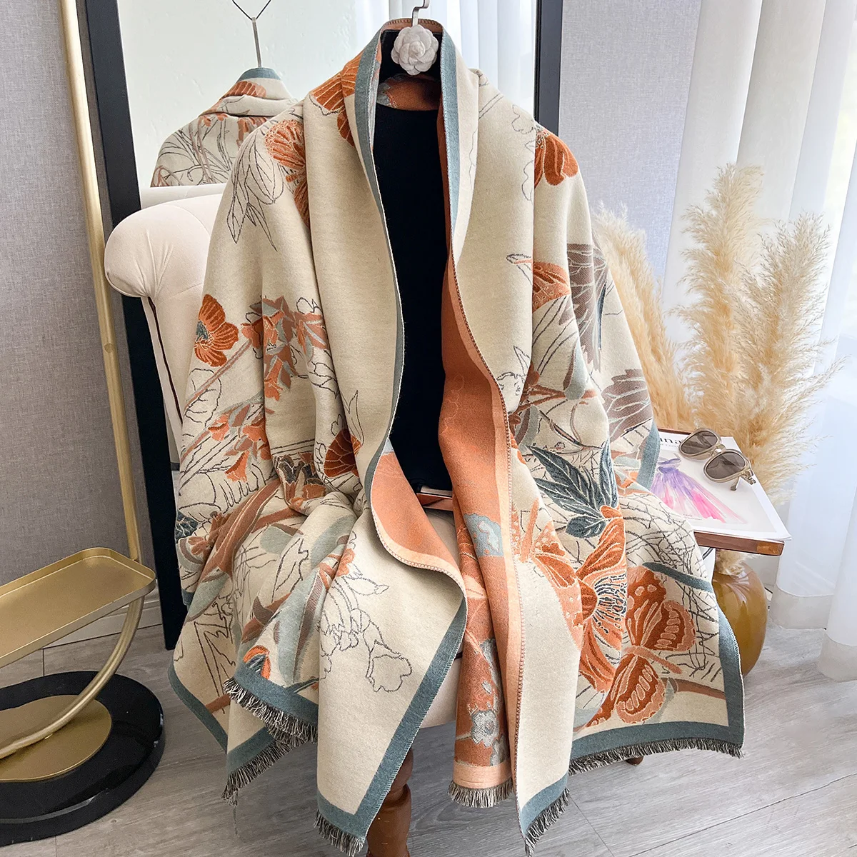 New Brand Butterfly Two-Sided Jacquard Pashmina Scarf Cashmere Warm Fringe  Shawl Winter Outdoor Coldproof Windproof Blanket