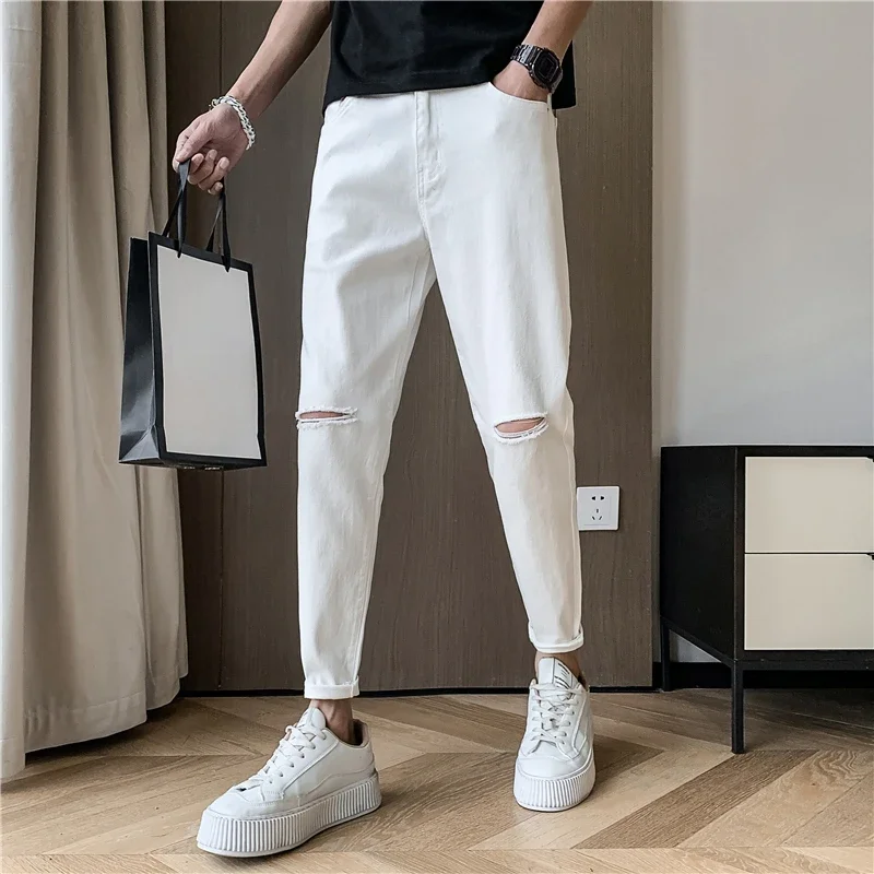 Spring New Male Knee Ripped Jeans Men's Straight Slim Small Feet Denim Trousers Streetwear Stretch Casual Pants