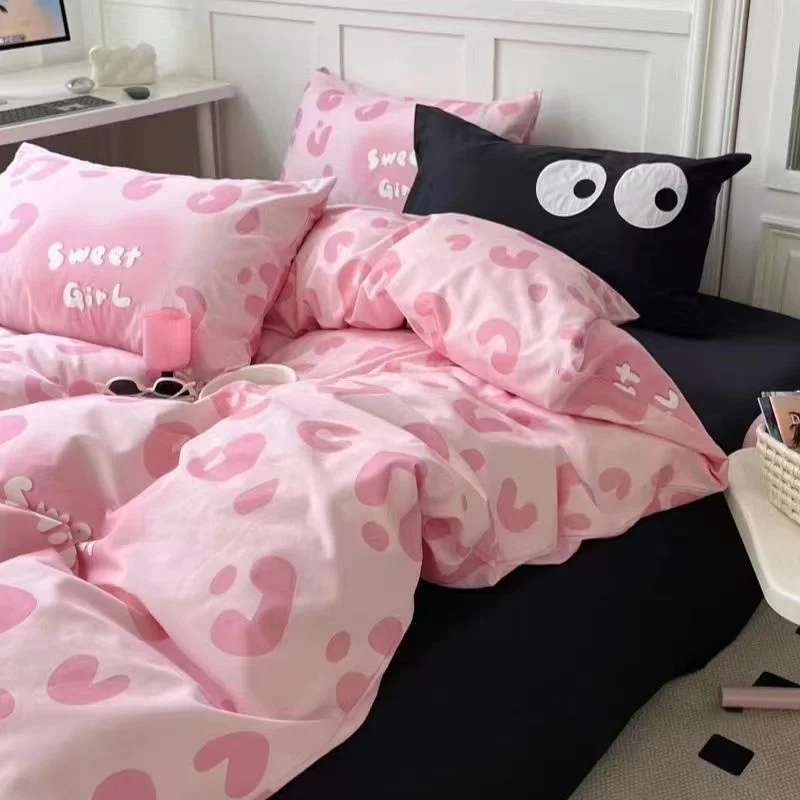 Ins Cute Pink Bedding Set Bed Sheet Set Polyester Flat Bed Sheet Pillowcases Cute Kawaii Home Textile For Girls Kids Bed Linen