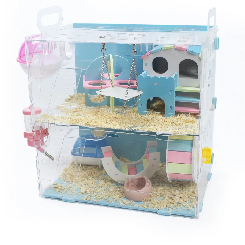 LWINGFLYER Acrylic Hamster Cage with Two Floors,Big Villa Hamster Cage,Small Pet Cage,Hamster Toys with Wheel and Feeder 