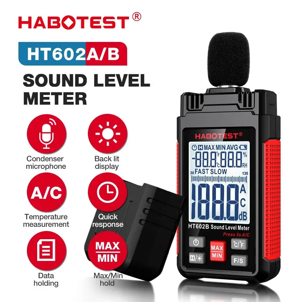 HABOTEST Sound Level Meter HT602A HT602B, digital handheld DB meter noise audio level meter 30 130dB decibels mini sound meter