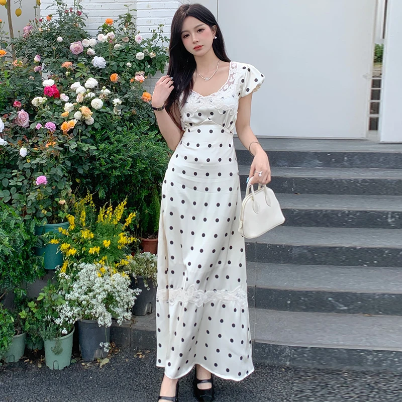 

Elegant Party Lace Patchwork Satin Midi Dresses for Women 2024 Summer New Korean Casual Fashion Sweet Polka Dots Female Clothing