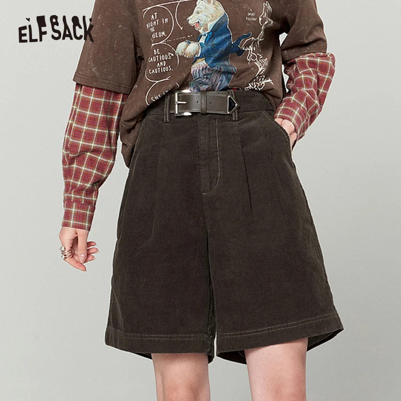 ELFSACK High Waist Corduroy Shorts Woman 2023 Autumn New Casual Daily Bottoms