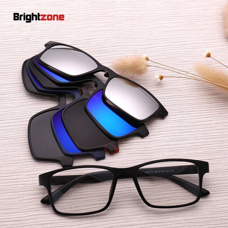 

Brightzone Fashion Men Women TR-90 Glasses Frame 5 Sun Lenses Clip On Polarized Rx Prescription Sunglass Magnetic Eyeglass Frame