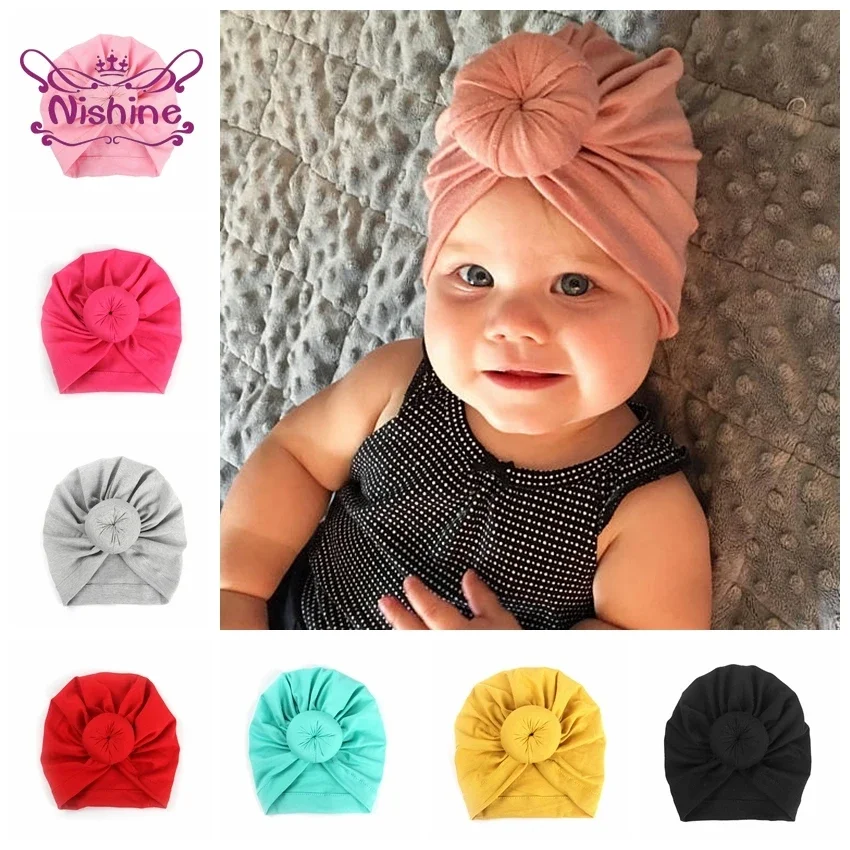 

Nishine Baby Turban Hat Knot Flower Children Hats Cotton Blend Newborn Beanie Caps Kids Headwear Photo Props Shower Gifts