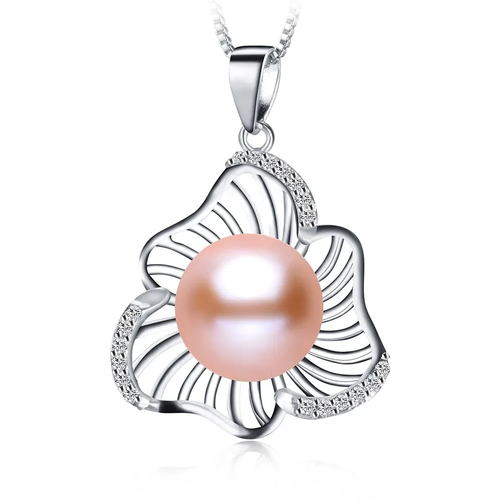 925 Sterling Silver Lotus Leaf Pendant Necklaces for Women 8-9mm Bread Round Natural Freshwater Pearl Necklaces Jewelry Gift