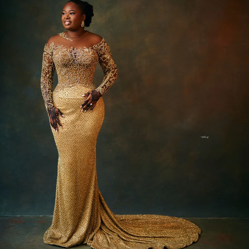 

Africa Gold Mermaid Evening Dresses for Women O Neck Long Sleeves Lace up Closure Crystal Appliques Beading Wedding Party Gowns