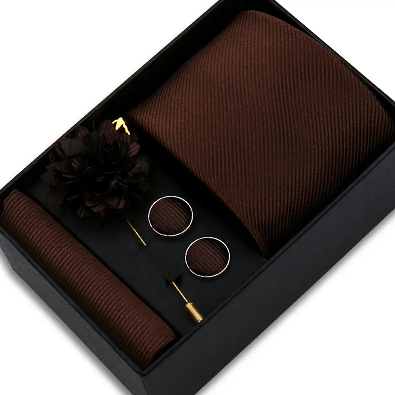 Top Quality Solid color Ties Hanky Cufflinks Brooch Set Elegant Jacquard Necktie For Men Business Wedding In Gift Box Gravatas - Image 13