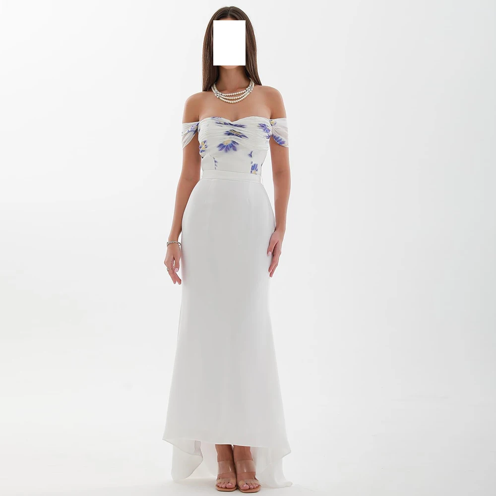 

Modern A-Line White Floor Length Off the Shoulder Jersey Short Sleeves Evening Dress Elegant Pleats Flowers Saudi Arabia