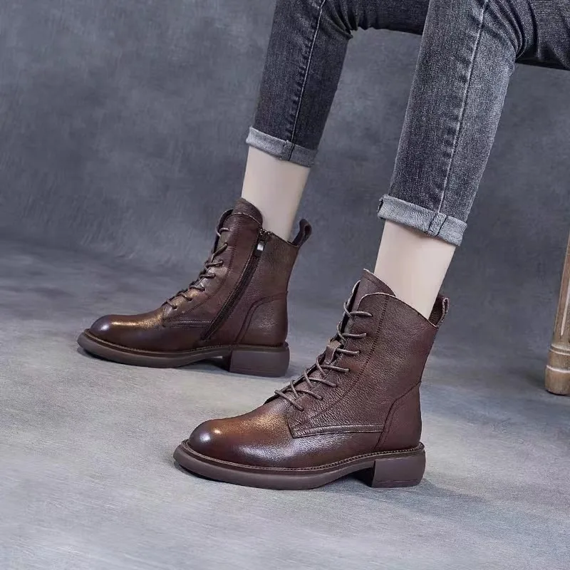 Shoes for Women 2023 Fashion Ankle Women's Boots Outdoor Modern Boots Women Lace Up Side Zip Round Toe Chunky Heel Ladies Shoes