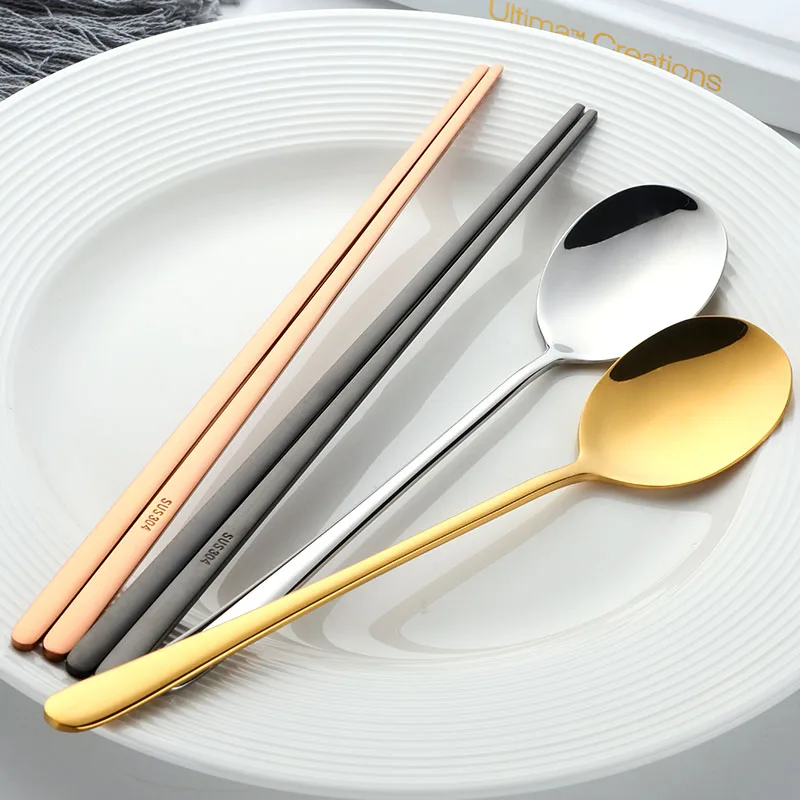 Cutlery Set Stainless Steel Cutlery Set 18/8 Korean Stainless Steel Food Chopsticks Spoon Set Long Handle Flat Non-Slip Chopsticks Dessert Spoon Dinnerware Set With Box